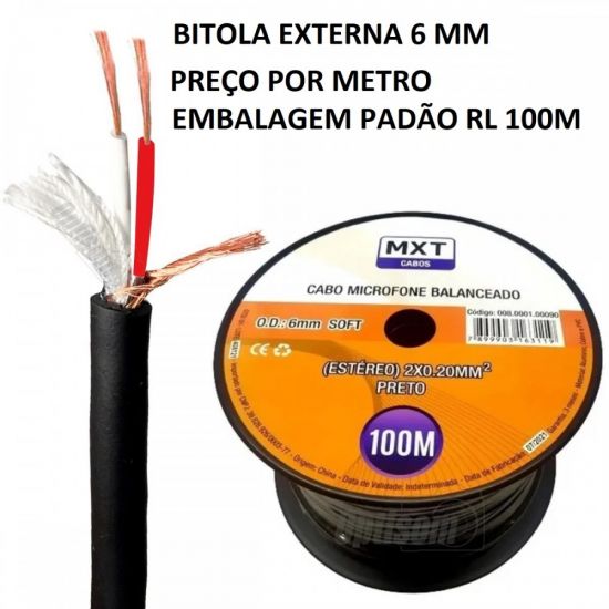 FIO AUDIO MICROFONE 2X0,20MM PRETO MXT RL100