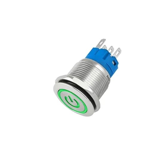 CHAVE ANTI VANDALISMO ON/OF 3A 250V DIAMETRO CORPO 19MM E LED VERDE 12V PRATA LIGA / DESLIGA