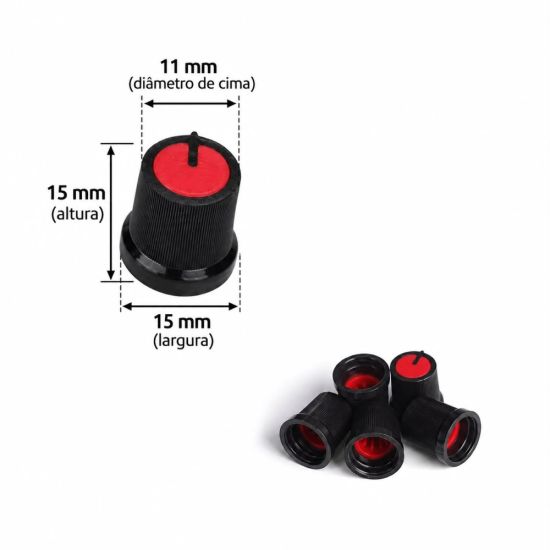 KNOB ROTATIVO ESTRIADO SEM PARAFUSO PRETO COM CABEÇA VERMELHA 15MM A 15MM X 11MM CABEÇA