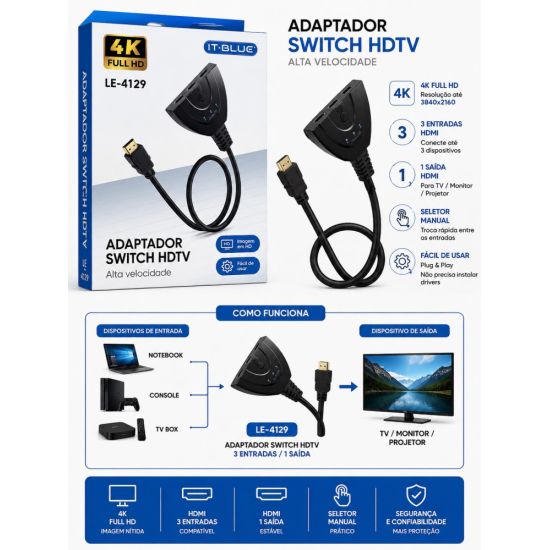 CABO SWITCH DUPLICADOR HDMI 3 ENTRADAS 1 SAIDA SPLITTER DIVISOR HDMI SELETORA HDMI LE-4129
