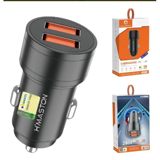 CARREGADOR CELULAR VEICULAR TURBO 4.1A  2 TOMADAS USB  HMASTON L02-4 ACENDOR CIGARROS