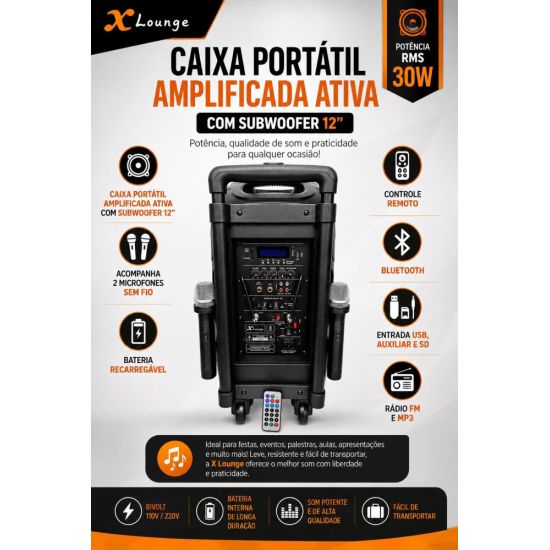 CAIXA DE SOM AMPLIFICADA ATIVA XLOUNGE XL-12 COM BATERIA 2 MICROFONES SEM FIO