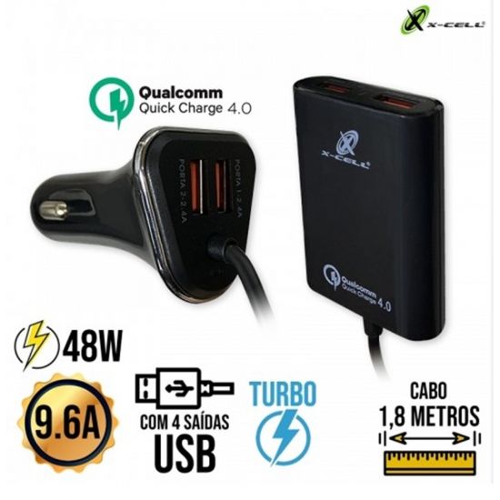 CARREGADOR VEICULAR USB DUPLO 4,8A 2.4A + 2.4A AUTOMOTIVO