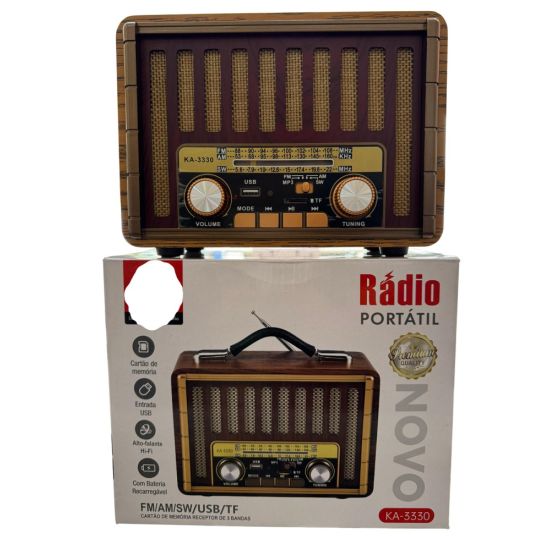 RADIO PORTATIL AM/FM COM BATERIA RECARREGAVEL ENTRADA USB E AUXILIAR KA-3330