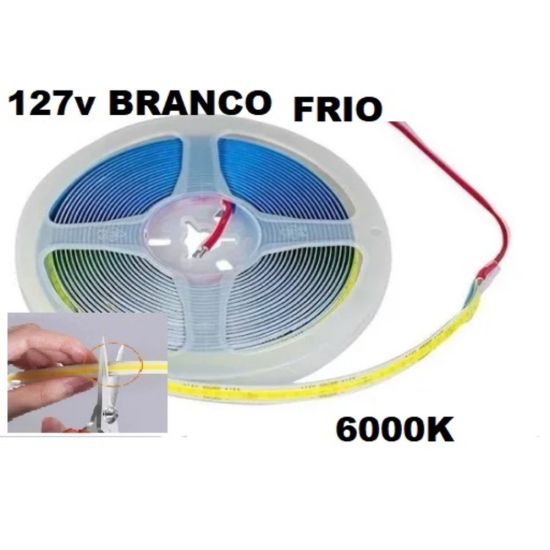 FITA LED CONTINUA IP44 127V POR METRO BRANCO FRIO 6000K COB 360D BF FITA LED 110V