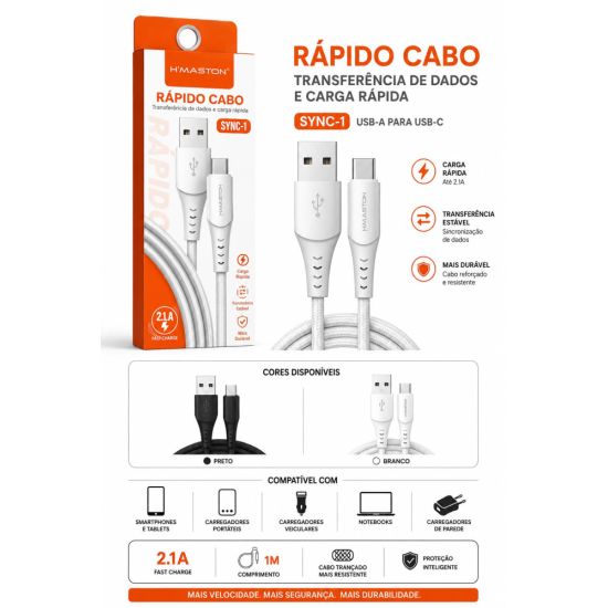 CABO CARREGADOR CELULAR RAPIDO TIPO C H137- HMASTON 3 METROS