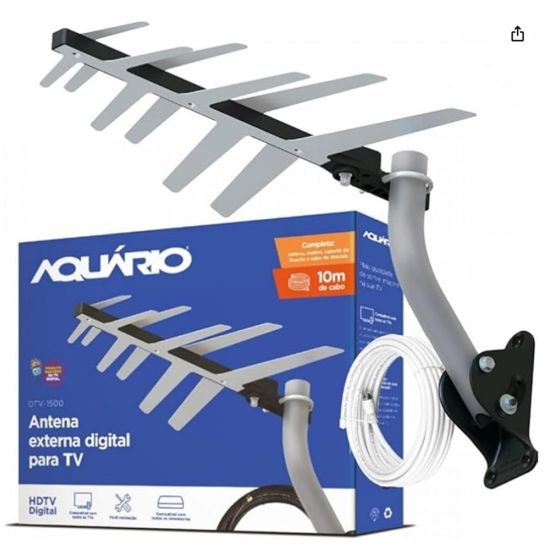 ANTENA EXTERNA 2 EM 1 COMPLETA DTV-1500 AQUARIO COM 10 METROS CABO