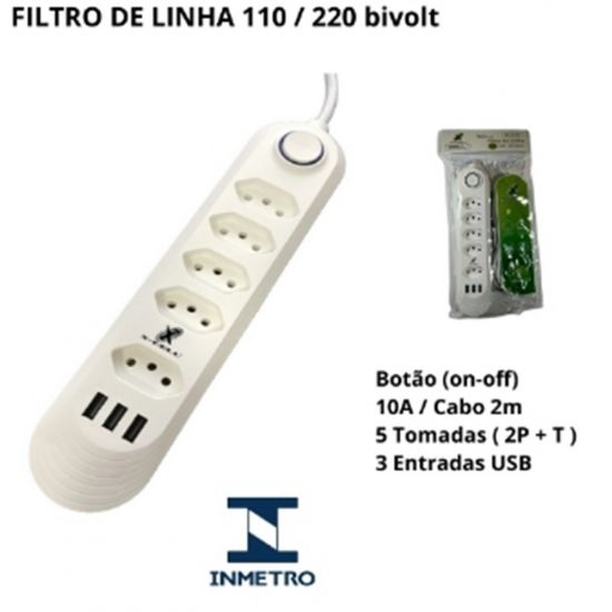 FILTRO DE LINHA 5 TOMADAS + 3 TOMADAS USB CABO 2 METROS