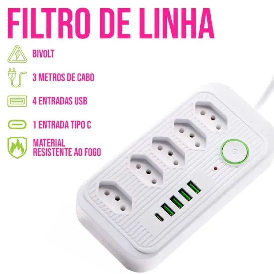 FILTRO DE LINHA 5 TOMADAS 4 USB 1 TIPO C 3 METROS KA-7011