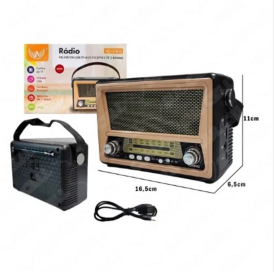 RADIO PORTATIL DE MESA  AM/FM BLUETOOT  AD8966 ENTRADA USB CARTAO USB AUX E BATERIA RECARREGAVEL