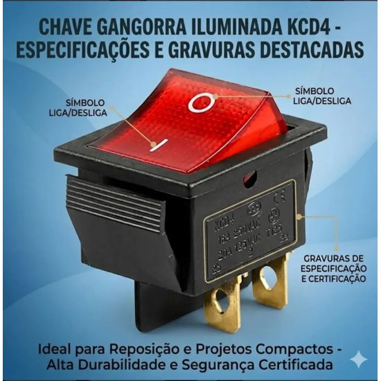 CHAVE GANGORRA KCD4-201N C/ LED 4T VERMELHO COM NEON 110/220V