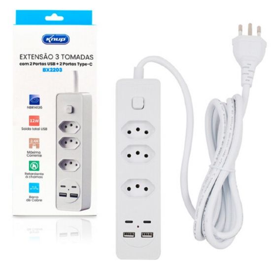 FILTRO DE LINHA 3 TOMDAS 2 USB 2 TIPO C 12W 2.4A KNUP