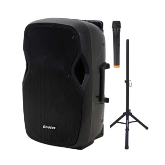 CAIXA DE SOM ATIVA AMPLIFICADA BOOTES BDA-1500B COM ENTRADA P/ BATERIA EXTERNA MICROFONE VHF BASE INTERNA