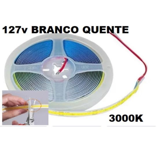FITA LED CONTINUA IP44 127V POR METRO BRANCO QUENTE 3000K COB 320L BQ FITA LED 110V