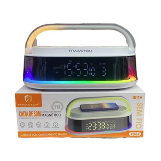 CAIXA DE SOM BLUETOOTH RADIO RELOGIO COM DESPERTADOR CARREGAMENTO SEM FIO YD62