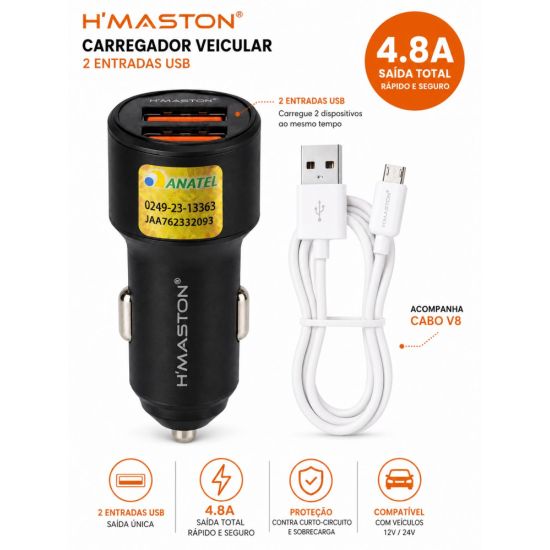 CARREGADOR CELULAR VEICULAR TURBO 4.8A  2 TOMADAS USB COM CABO V8 1 METRO  HMASTON LS04-1
