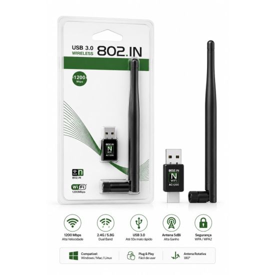 ADAPTADOR USB WIFI WIRELESS ANTENA 1200MBPS 11DB