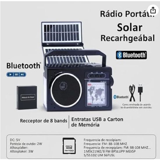 RADIO PORTATIL MESA FM USB BATERIA RECARREGAVEL SOLAR  KA-8818 BLUETOOTH