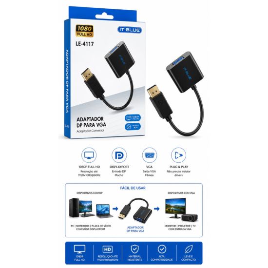 CONVERSOR DISPLAYPORT PARA VGA ADAPTADOR DISPLAYPORT LE-4117
