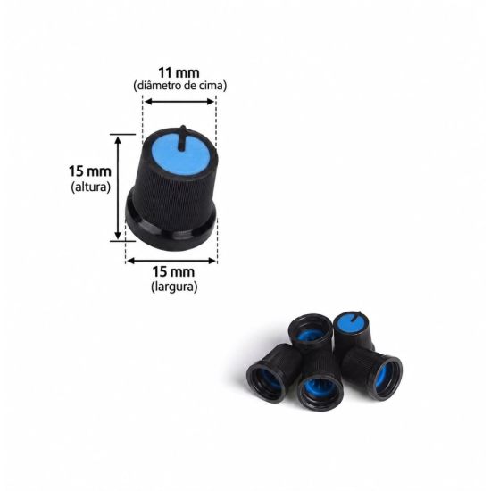 KNOB ROTATIVO ESTRIADO SEM PARAFUSO PRETO COM CABEÇA AZUL 15MM A 15MM X 11MM CABEÇA