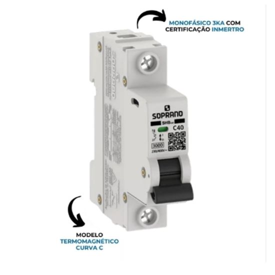 DISJUNTOR MONO DINN 1X40 A SOPRANO SHB1-C40A DISJUNTOR MONOFASICO